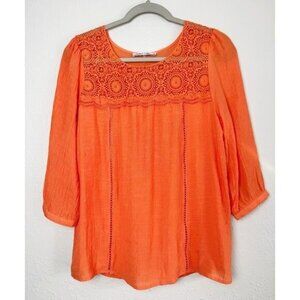 Figueroa & Flowers orange peasant‎ lace yoke scoop neck 3/4 sleeve blouse top S
